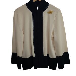 Dana Buchman Women's SZ XL Ivory & Black 100% Merino Wool Zip Front Cardigan